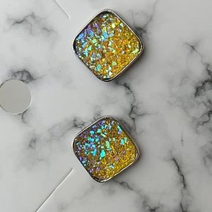 Stainless Steel Druzy Stud Earrings Square Shape Yellow w Silver (29)